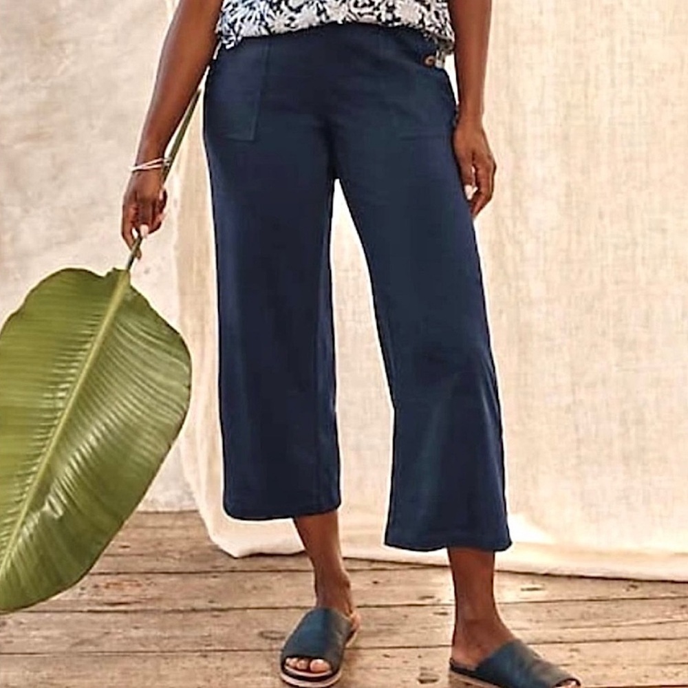 J. Jill PureJill Wide Crop Linen Cotton Pants Lagenlook Coastal Beach Blue M